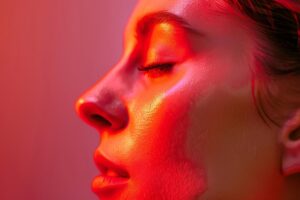 A girl undergoing Red Light Therapy for Skin Rejuvenation with red light illuminating her face.