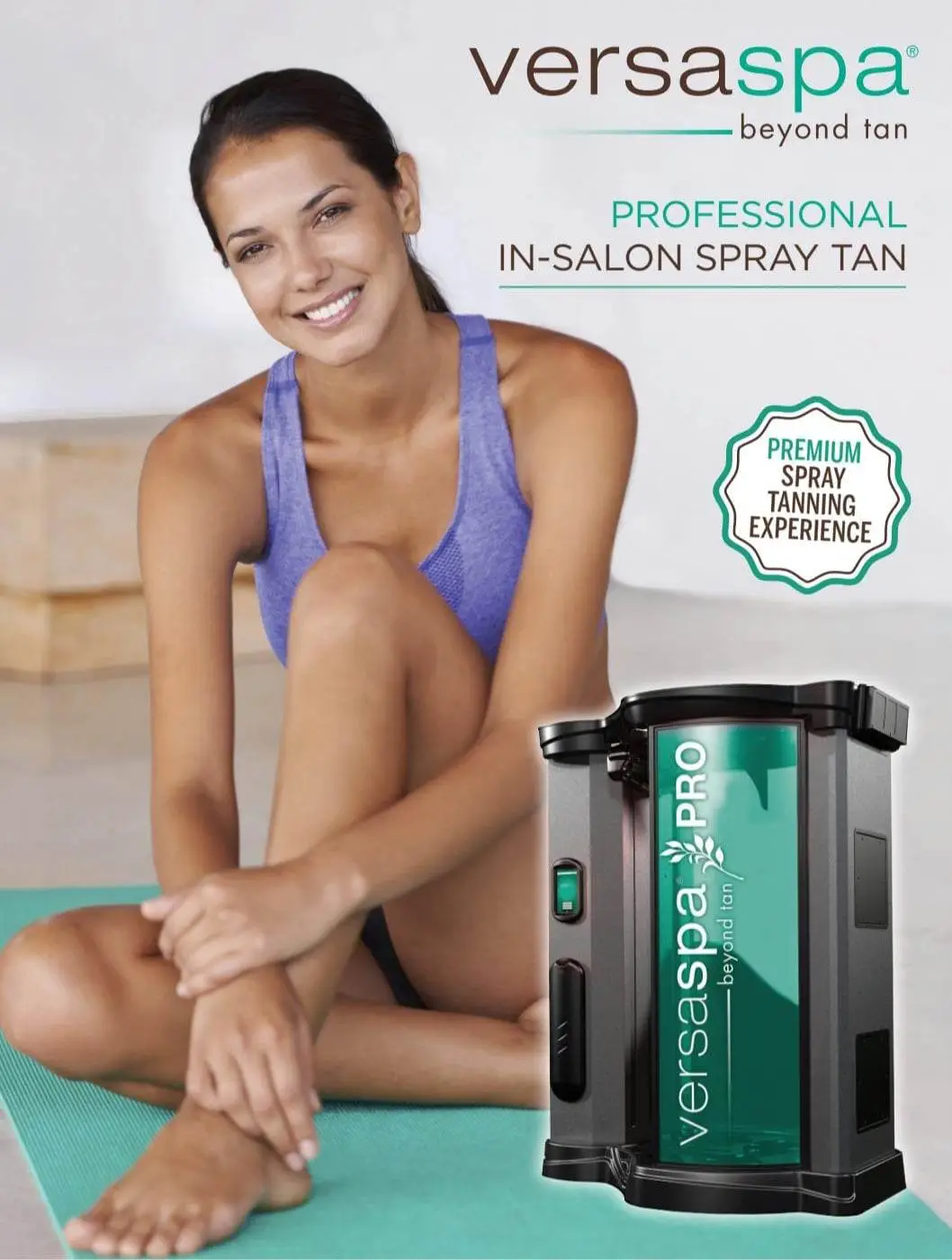 Person inside a VersaSpa Pro booth receiving a spray tan.